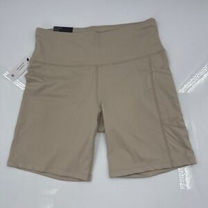 DKNY Womens High Waisted Bike Shorts Tan Beige 7 Inch Inseam Pockets Size Large